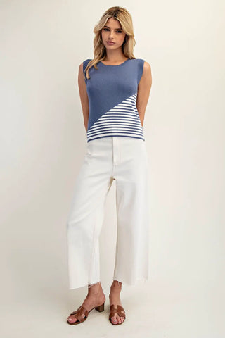 Color Block Striped Light Sleeveless Sweater Denim Blue