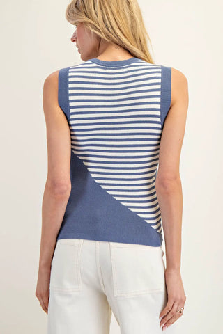 Color Block Striped Light Sleeveless Sweater Denim Blue