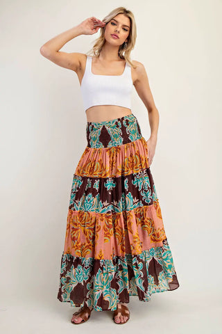 Tiered Maxi Skirt with Elastic Waist Art Nouveau Peach
