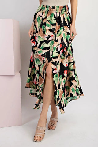 Button Down Black Floral Maxi Skirt with Hem Ruffle