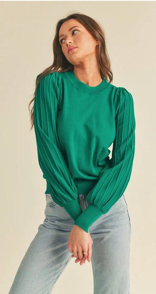 Pullover Striped Texture Balloon Sleeve Lightweight Sweater, Alpine Green