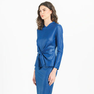 Liquid Leather Knit Top w/ Center Tie Cobalt Blue