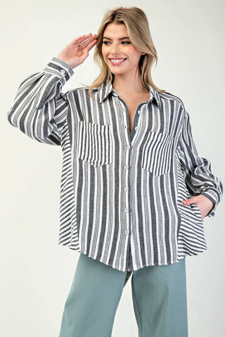 Oversized Summer Button Up Shirt with Stripe Variation Denim