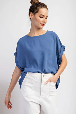 Cuffed Short Sleeve Blouse with Pleated Back Denim Blue