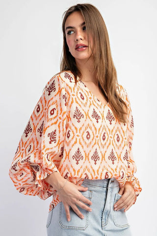 Abstract Orange Striped Chiffon Blouse with Metallic