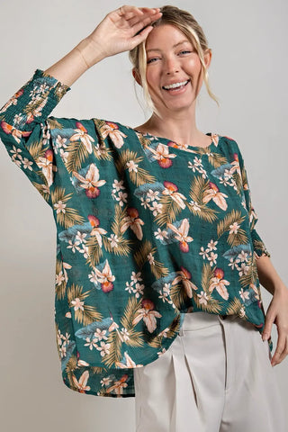 Tropical Print Lightweight Sage Blouse Dolman Sleeve