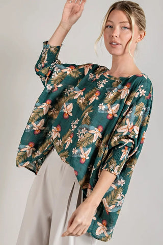 Tropical Print Lightweight Sage Blouse Dolman Sleeve