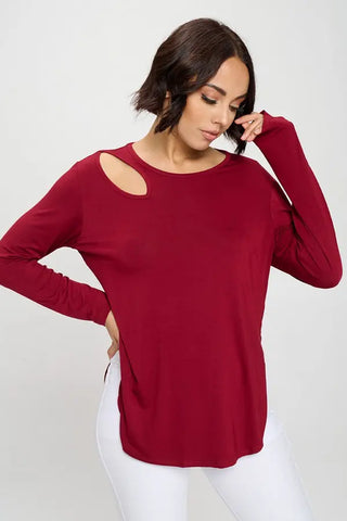 Almond Cut Out Long Sleeve Top Burgundy