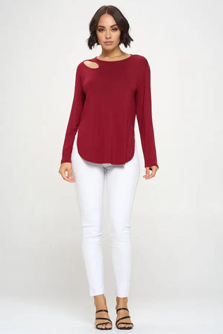 Almond Cut Out Long Sleeve Top Burgundy