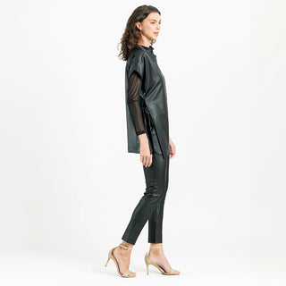 Liquid Leather Cap Sleeve High Neck Tunic Top