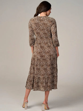 Quarter Sleeve Pleated Animal Print Maxi Dress with Pockets