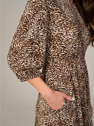 Quarter Sleeve Pleated Animal Print Maxi Dress with Pockets