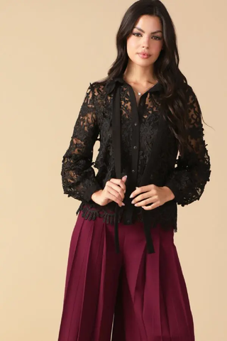 Textured Black Lace Button Up Shirt