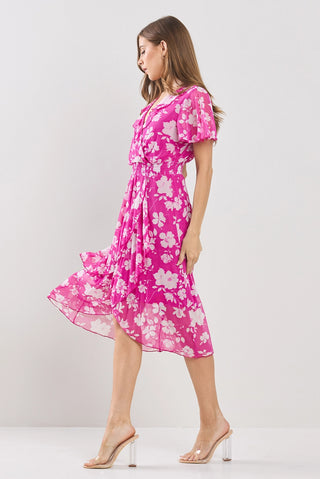 Mesh Faux Wrap Floral High Low Ruffled Dress Fuchsia