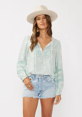 Light Teal Floral Split Neck Long Sleeve Blouse w/ Embroidered Cut Work