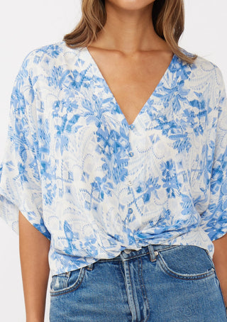 Floral Tie Front V-Neck Short Sleeve Blouse Button Down Blue White