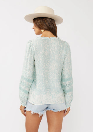 Light Teal Floral Split Neck Long Sleeve Blouse w/ Embroidered Cut Work