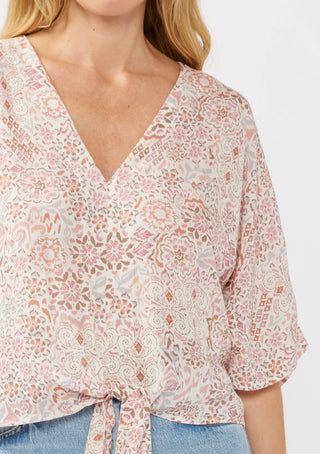 Short Sleeves Kimono Tie-Front Top Natural/Dusty Pink