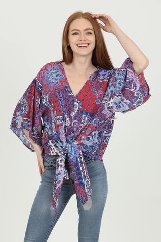 Tie Waist V-Neck Kimono Sleeve Blouse Americana