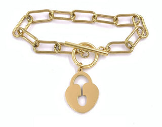 Heart Lock Charm Bracelet Stainless Steel Link Chain, Gold Plate