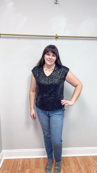 V-Neck Shimmer Top, Black