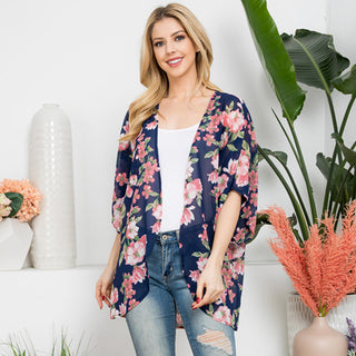 Mid Length Blossom Floral Kimono, Navy