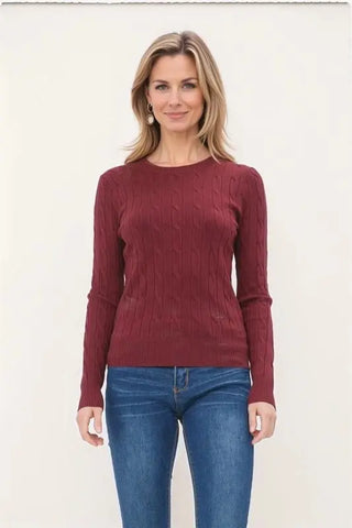 Cable Knit Crewneck Knit Pullover , Burgundy