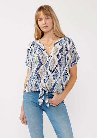 Blue Pastel Ikat Short Sleeve Top Button-Down Blouse