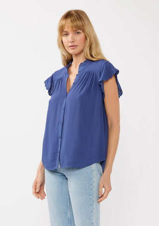 Flutter Eyelet Sleeve Rayon Button Down Blouse Ink Blue