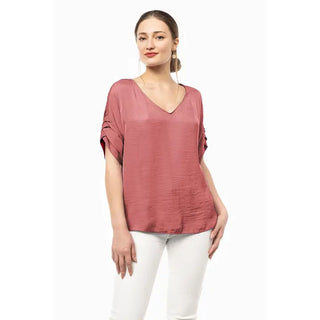 Overlapping Banded Sleeve Silky V-Neck Blouse, Canyon Rose