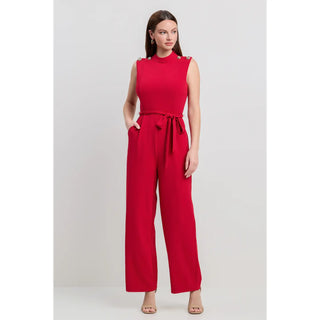 Mock Neck Crepe Red Jumpsuit w/ Gold Buttons