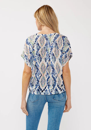 Blue Pastel Ikat Short Sleeve Top Button-Down Blouse