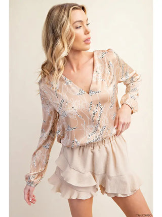 Chic Satin Printed Long Bubble Sleeve Top