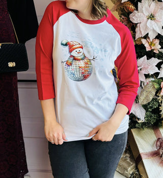 Disco Snowman Raglan Red Sleeve Baseball Tee