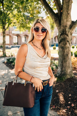 Clara Sunwoo Foil Sheen Cowl Neck Draped Tank Champagne