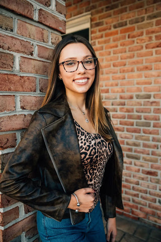 Vegan Leather Distressed Moto Jacket Clara Sunwoo Brown