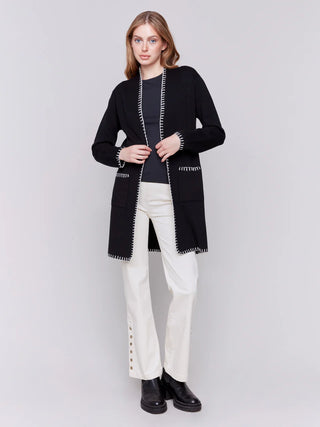 Charlie B Blanket Stitch Long Cardigan Black