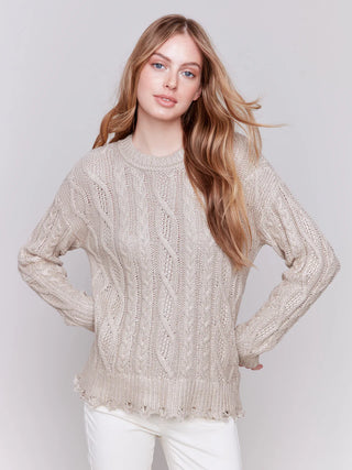 Charlie B Metallic Cable Knit Sweater Champagne