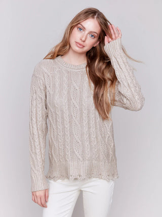 Charlie B Metallic Cable Knit Sweater Champagne