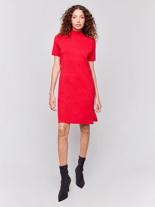 Charlie B Short Sleeve Mock Neck Sweater Dress Red