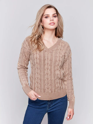 Charlie B V-Neck Cable Knit Sweater Truffle