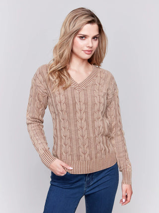 Charlie B V-Neck Cable Knit Sweater Truffle