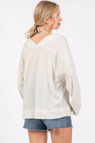 Reverse Seam Comfort Fit V-Neck Long Sleeve TopOff White