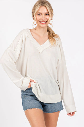 Reverse Seam Comfort Fit V-Neck Long Sleeve TopOff White