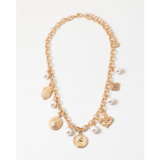 Gold Coin and Pearl Charm Necklace