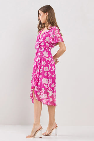 Mesh Faux Wrap Floral High Low Ruffled Dress Fuchsia