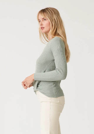 Waffle Knit Sweater Long Sleeve Pullover with Faux Knot, Dusty Sage