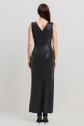 Mesh Glitter Black Gown  w/ Side Cut Outs