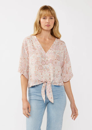 Short Sleeves Kimono Tie-Front Top Natural/Dusty Pink