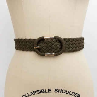 Faux Suede Olive Braided Belt Oval Buckle - One Size